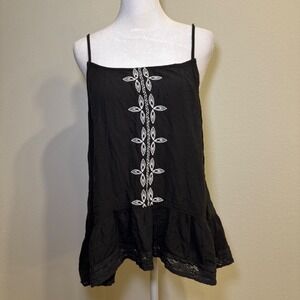 Black Embroidered Cami Tank Top Ruffle Lace Trim Boho Festival